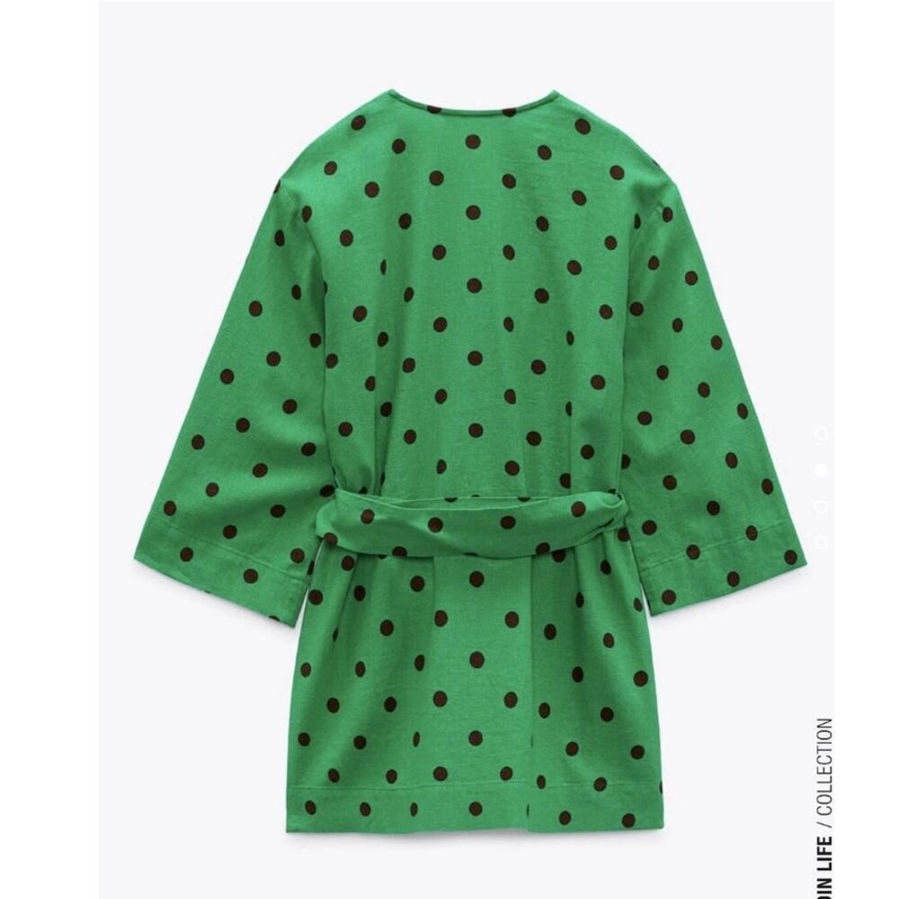 Zara Belted Top Blouse Womens Sz XL Polka Dot Linen Blend Kaftan Tunic Retro - Picture 2 of 8